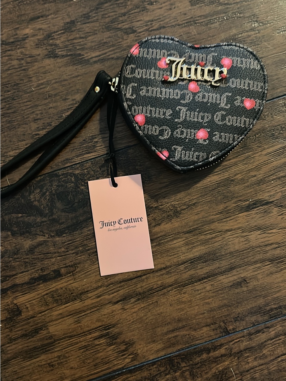 Juicy Couture Black Heart Wristlet with Pink Heart Accents